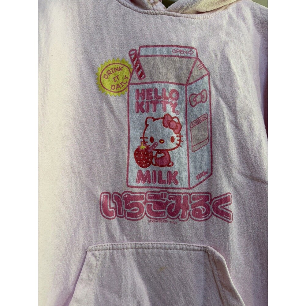 Hello Kitty Strawberry Milk Hoodie Small Pink Sanrio Graphic Pullover Sweatshirt